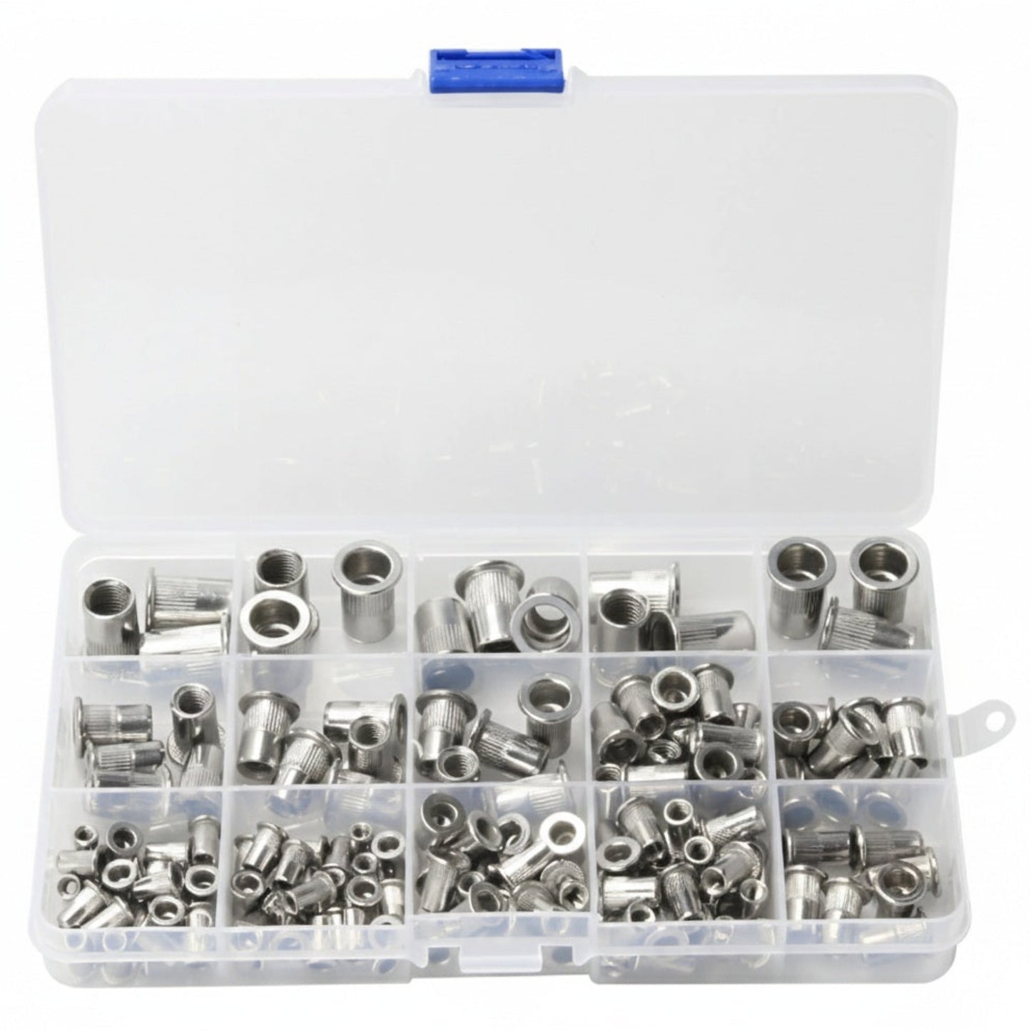 150 piece stainless steel rivet nut assortment kit in plastic organizer box