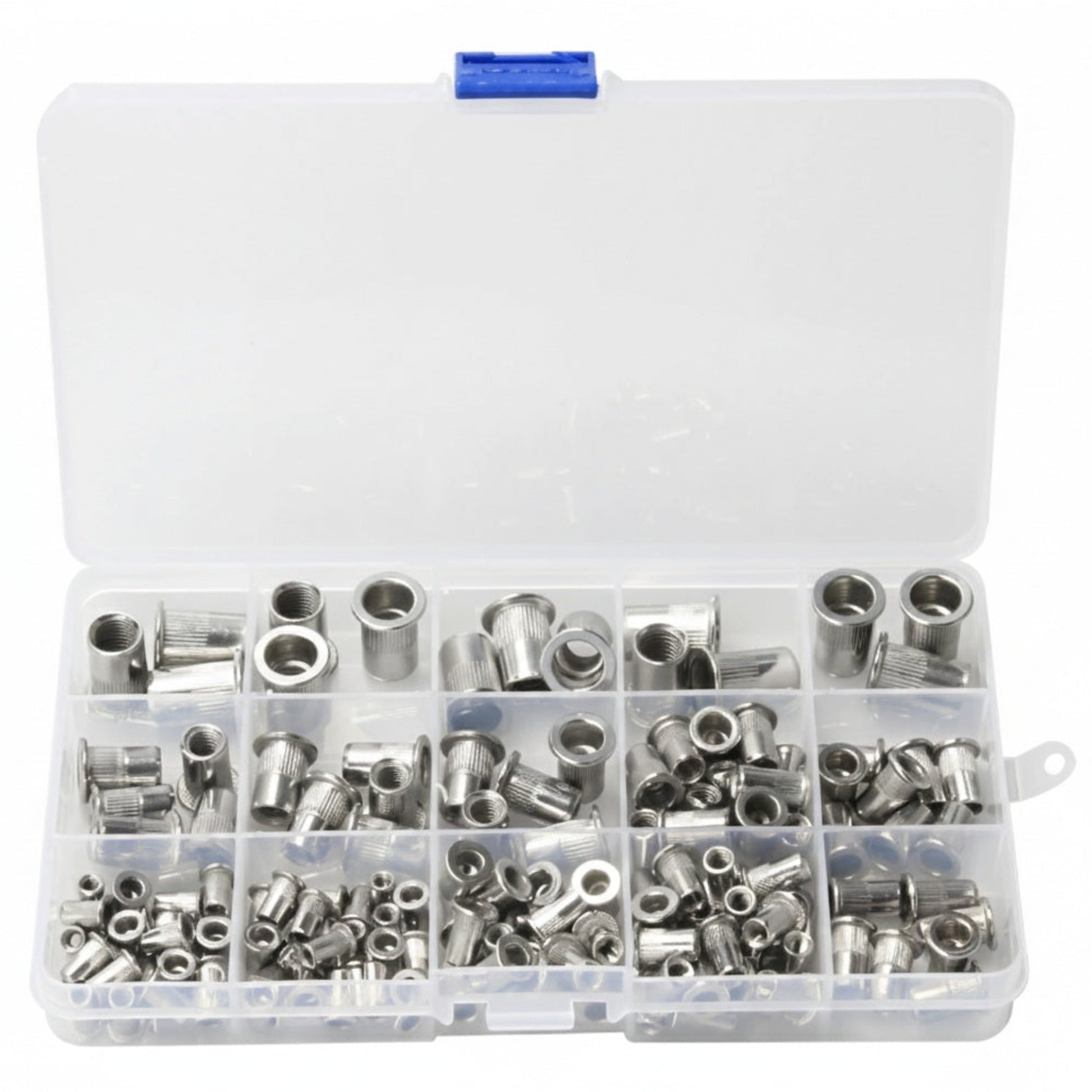 150 piece stainless steel rivet nut assortment kit in plastic organizer box