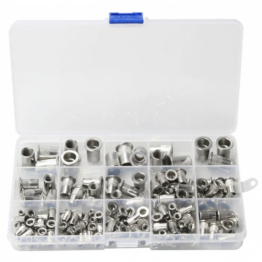 150 piece stainless steel rivet nut assortment kit in plastic organizer box