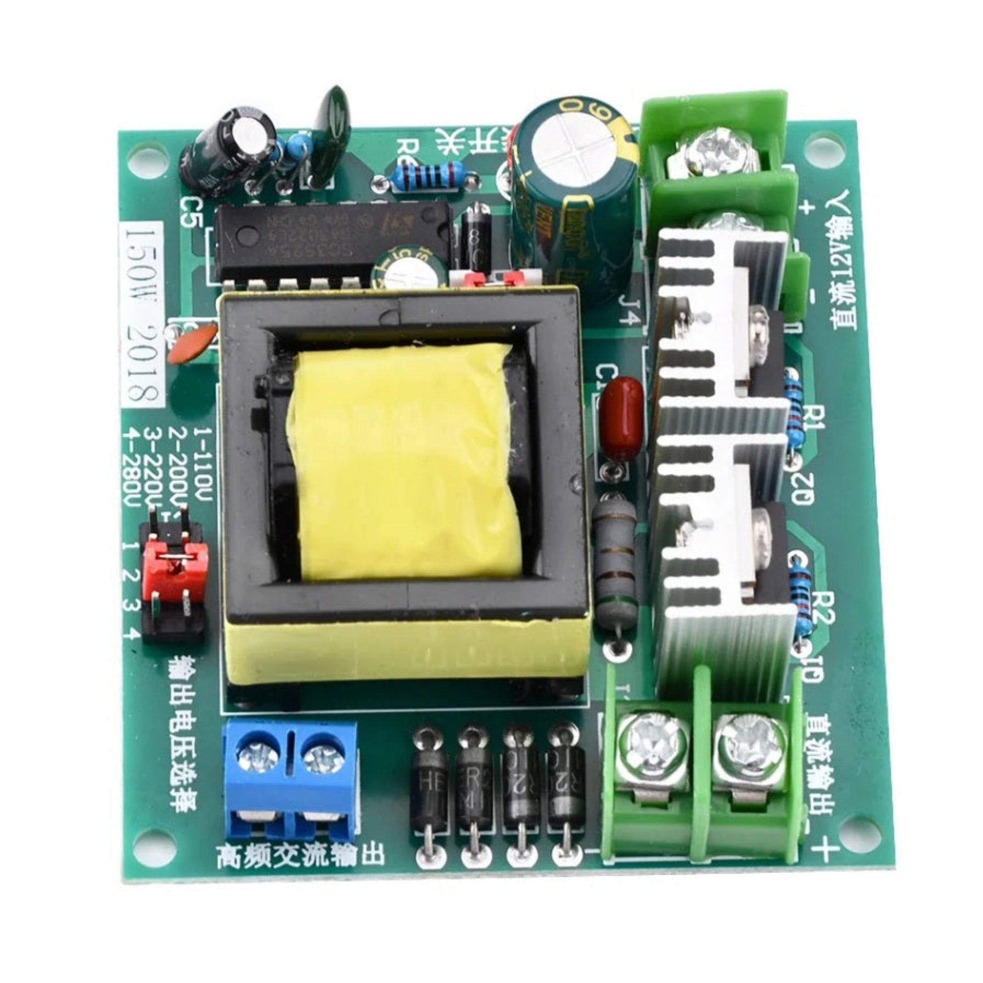 Electronic circuit board with components on a white background