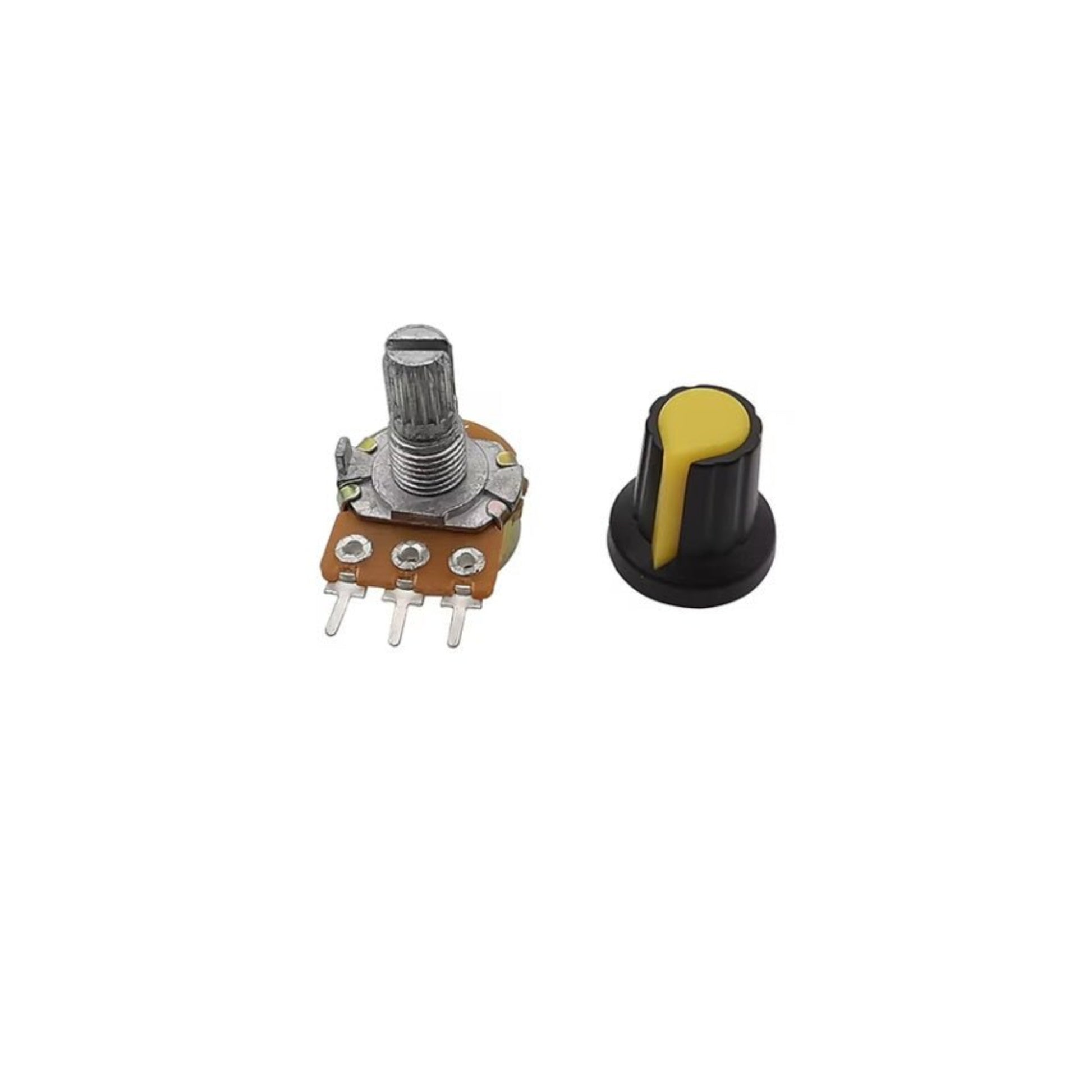 WH148 rotary potentiometer with yellow knob, ideal for controlling electrical devices and compatible with standard settings.