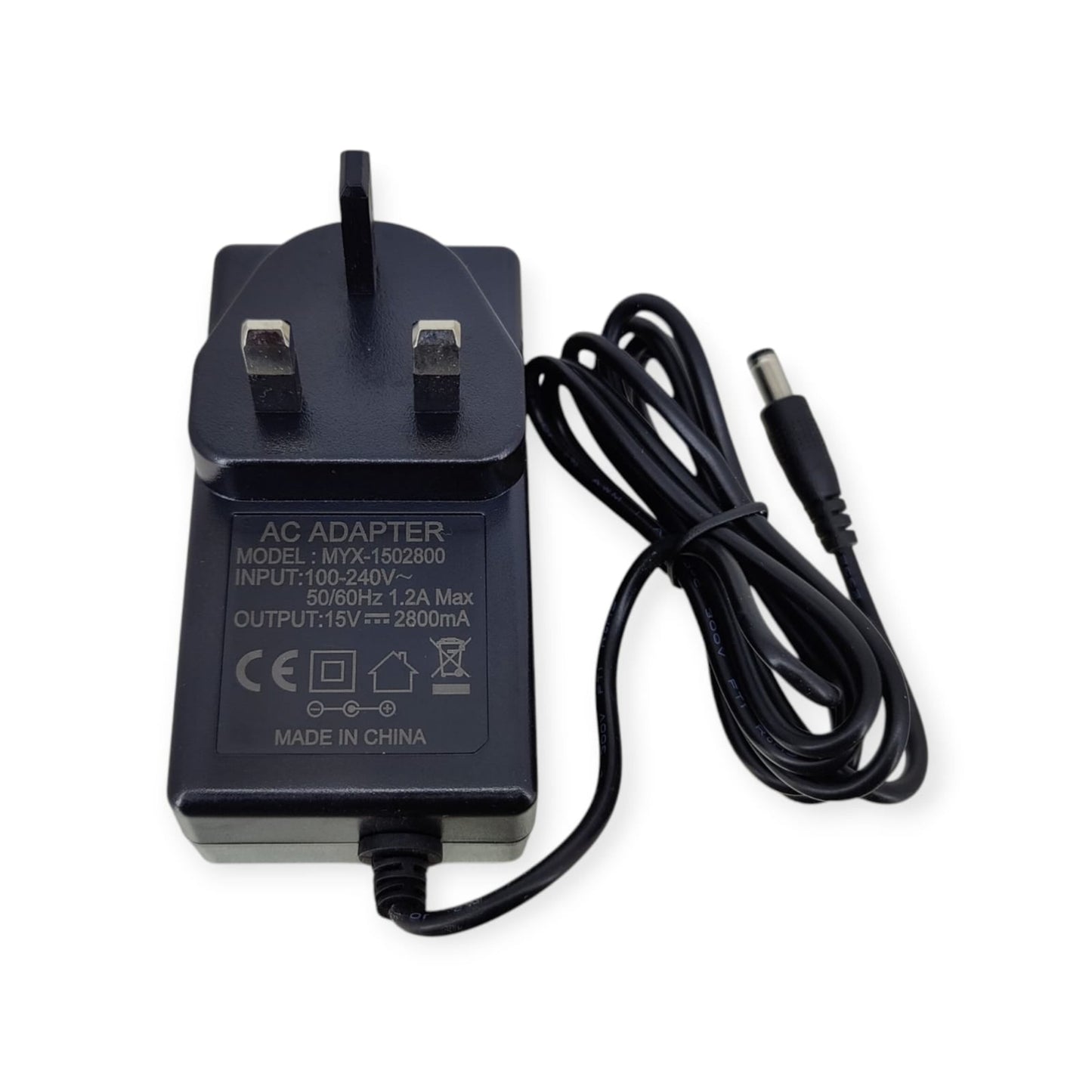 Front view of a 15V 2.8A AC adapter with UK plug, showing technical specifications.