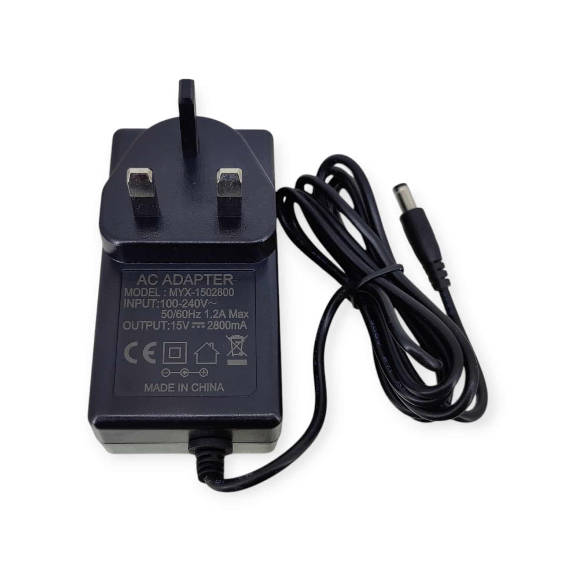 Front view of a 15V 2.8A AC adapter with UK plug, showing technical specifications.