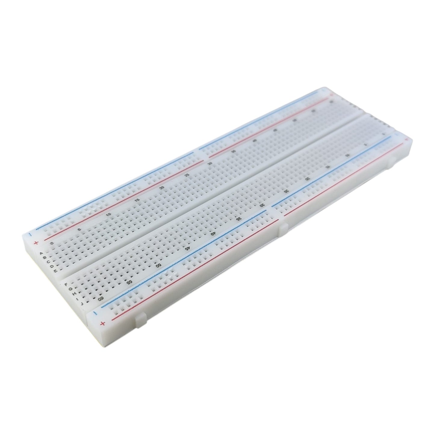 165x55mm 無焊麵包板，白色外殼具備側邊卡扣可橫向擴展拼接，支援標準電子零件插接，適合 DIY 愛好者與工程採購。