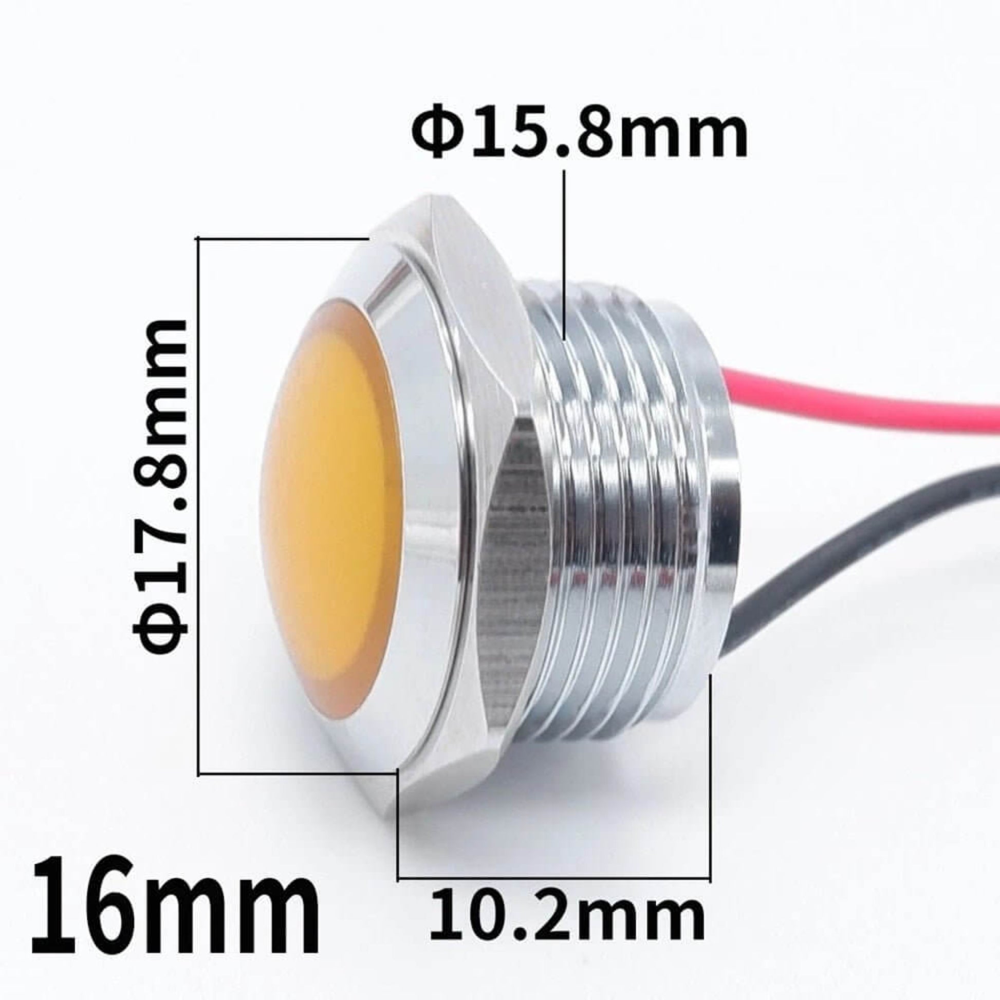 Technical dimensions and 15.8mm mounting cutout size for 16mm LED metal indicator.