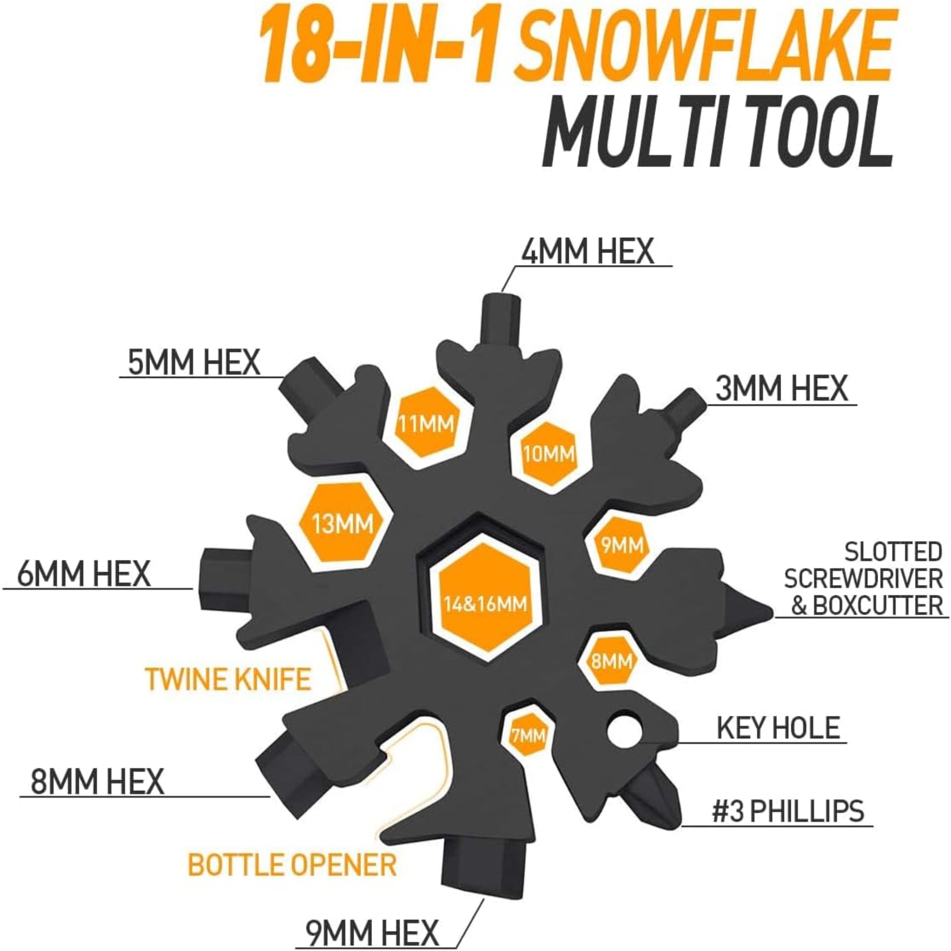 18-in-1 Snowflake Multi-Tool showing various tools and measurements, ideal for outdoor and home use.
