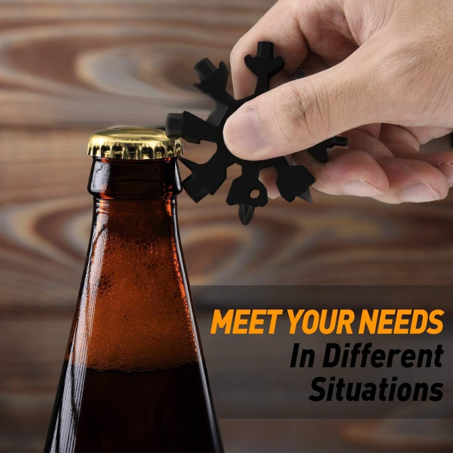 Hand using 18-in-1 Snowflake Multi-Tool to open a bottle, showcasing its versatility in various situations.