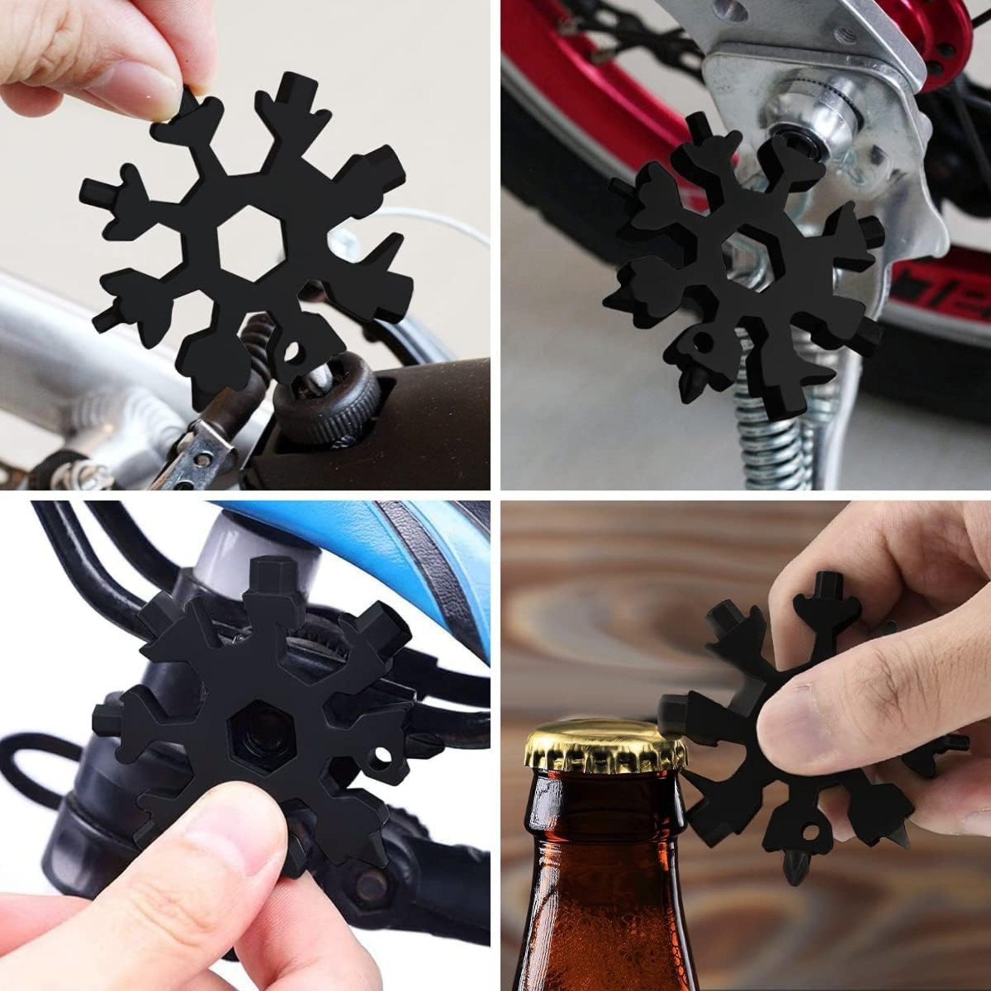 Four images of the 18-in-1 Snowflake Multi-Tool in use for various tasks including fixing a bike and opening bottles.