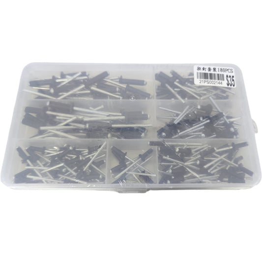 180pcs black plated aluminum blind rivets kit displayed in transparent storage box.