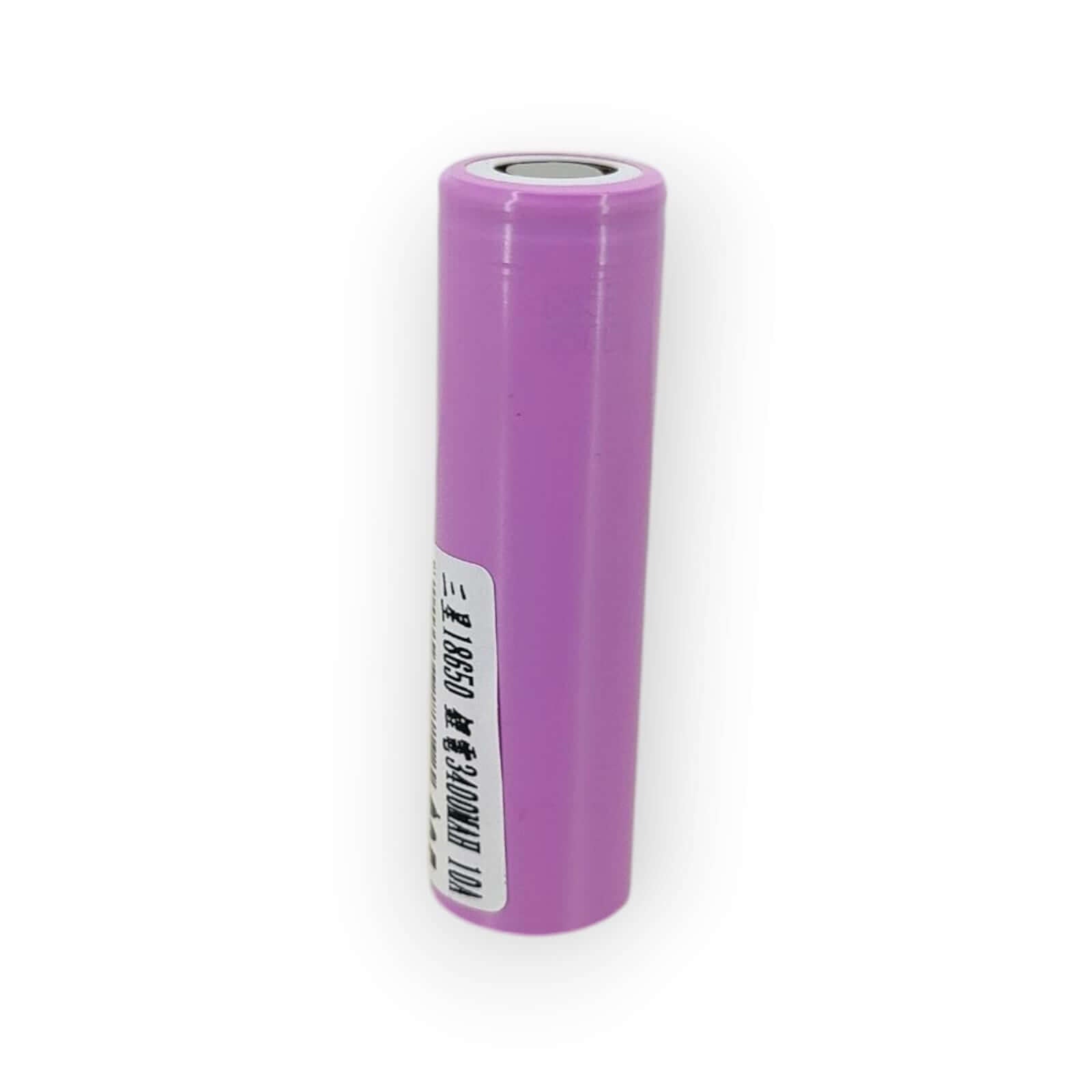 18650 3400mAh Lithium-Ion rechargeable battery in purple for high-capacity power and extended runtimes.