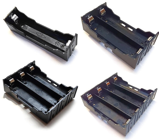 Four different angled views of 18650 battery holders (1-slot, 2-slot, 3-slot, 4-slot) showcasing the design.