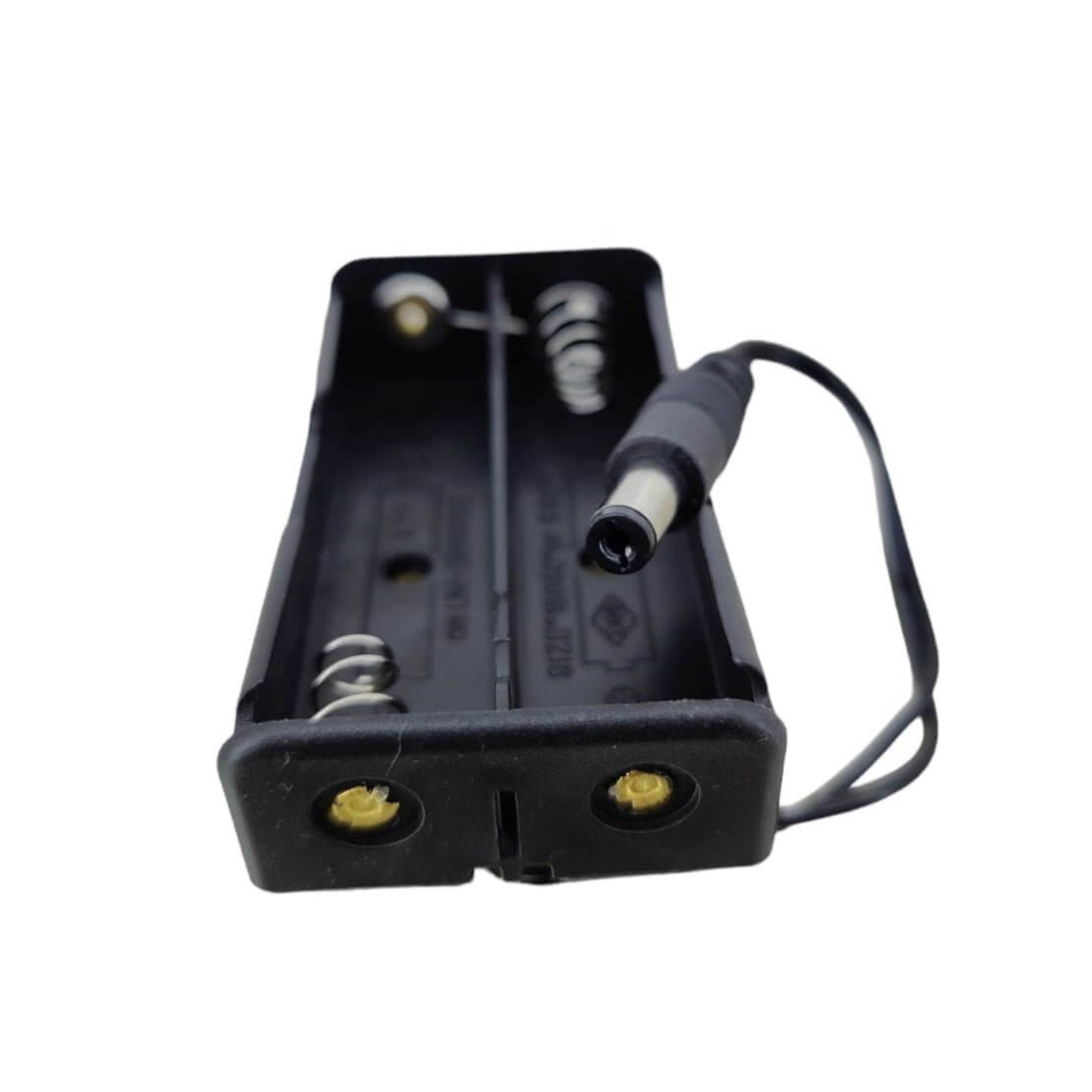 Open 2-cell 18650 battery case showing 2.1mm DC barrel plug for easy power connections.
