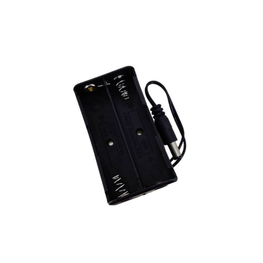 Dual 18650 battery holder with spring contacts and attached DC 2.1mm power plug.