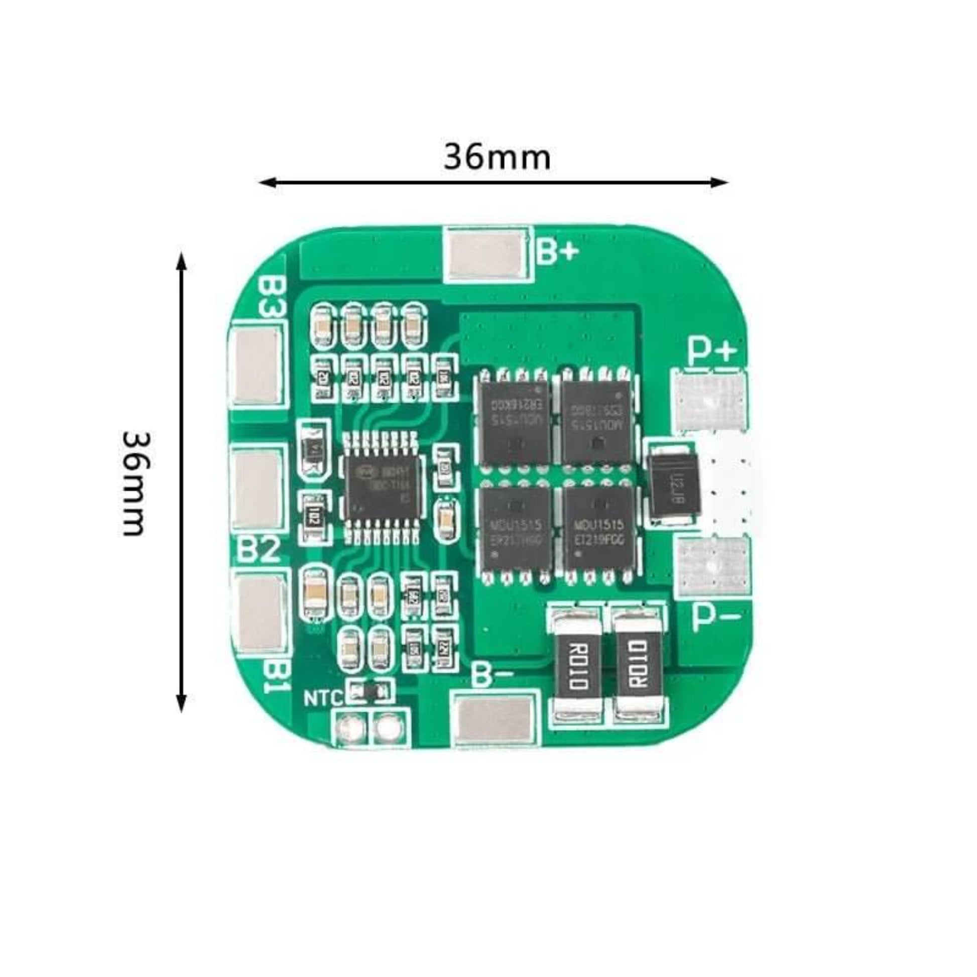 Size measurement of 36mm x 36mm 4S lithium battery BMS module.