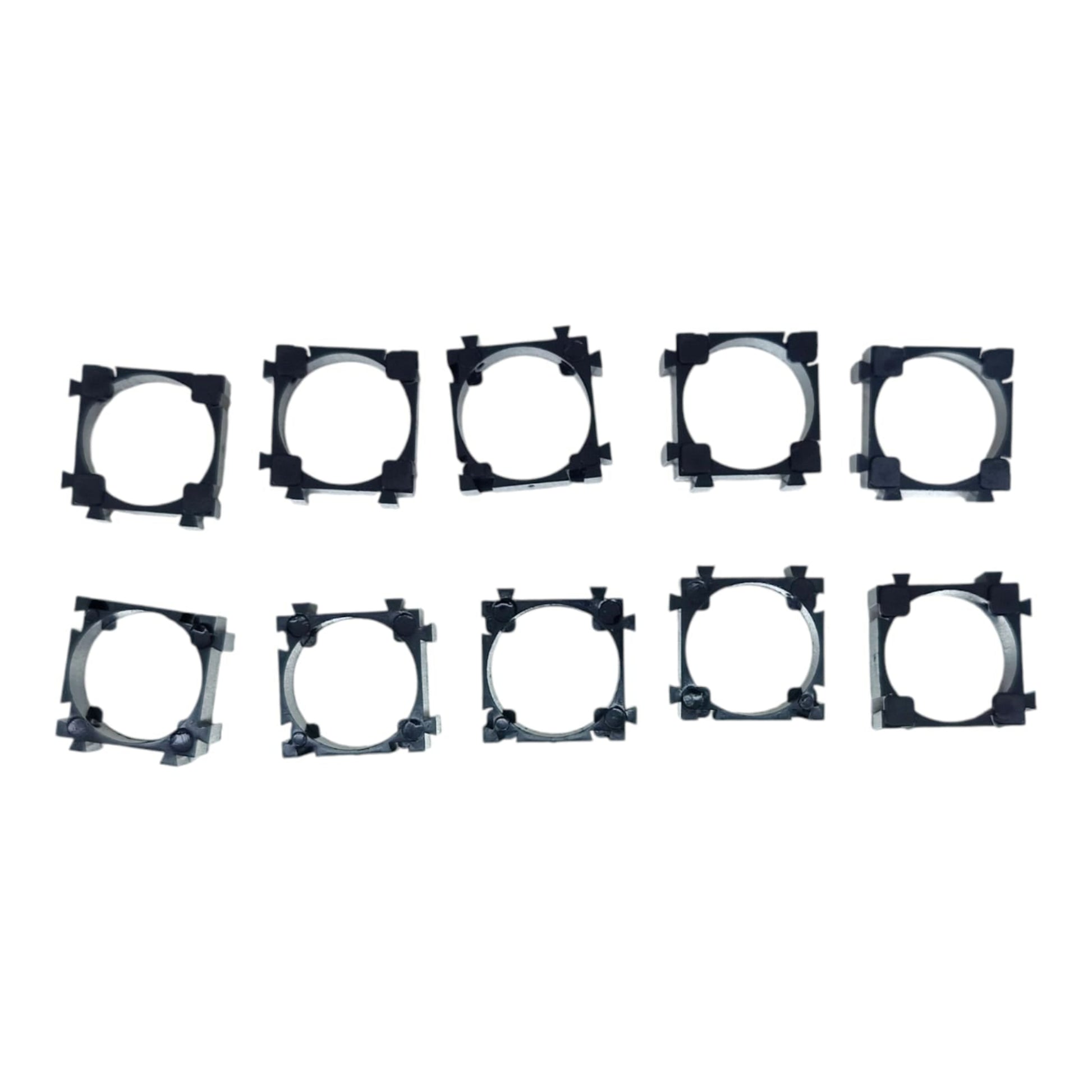 Top-down view of ten interlocking 18650 battery spacers, showing the circular holder and connection points.