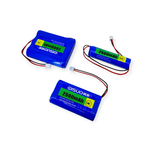 Three 18650 lithium-ion battery packs showing the 3.7V, 7.4V, and 12V options available.