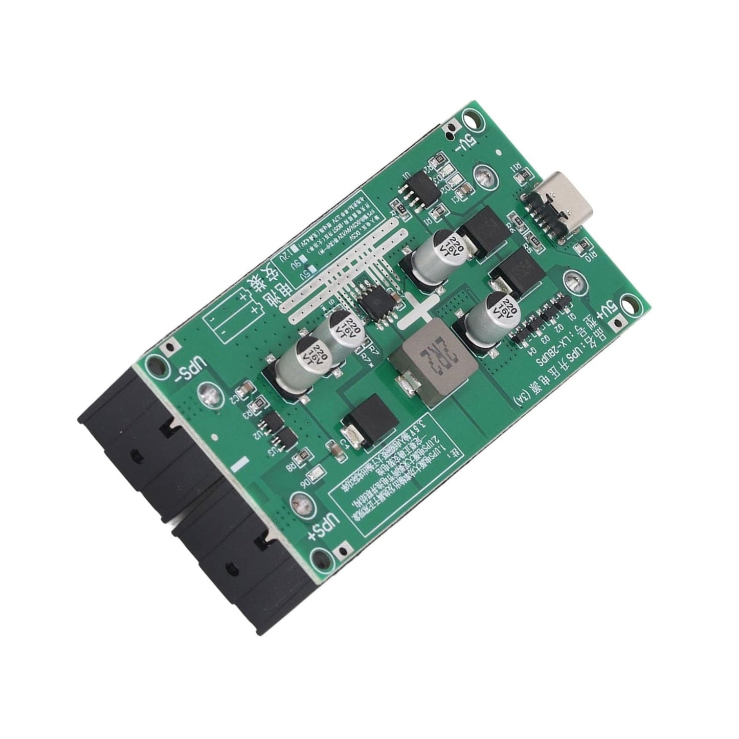 18650 UPS battery boost charging module for lithium batteries, 5V 2A step-up charger board with LED indicator.