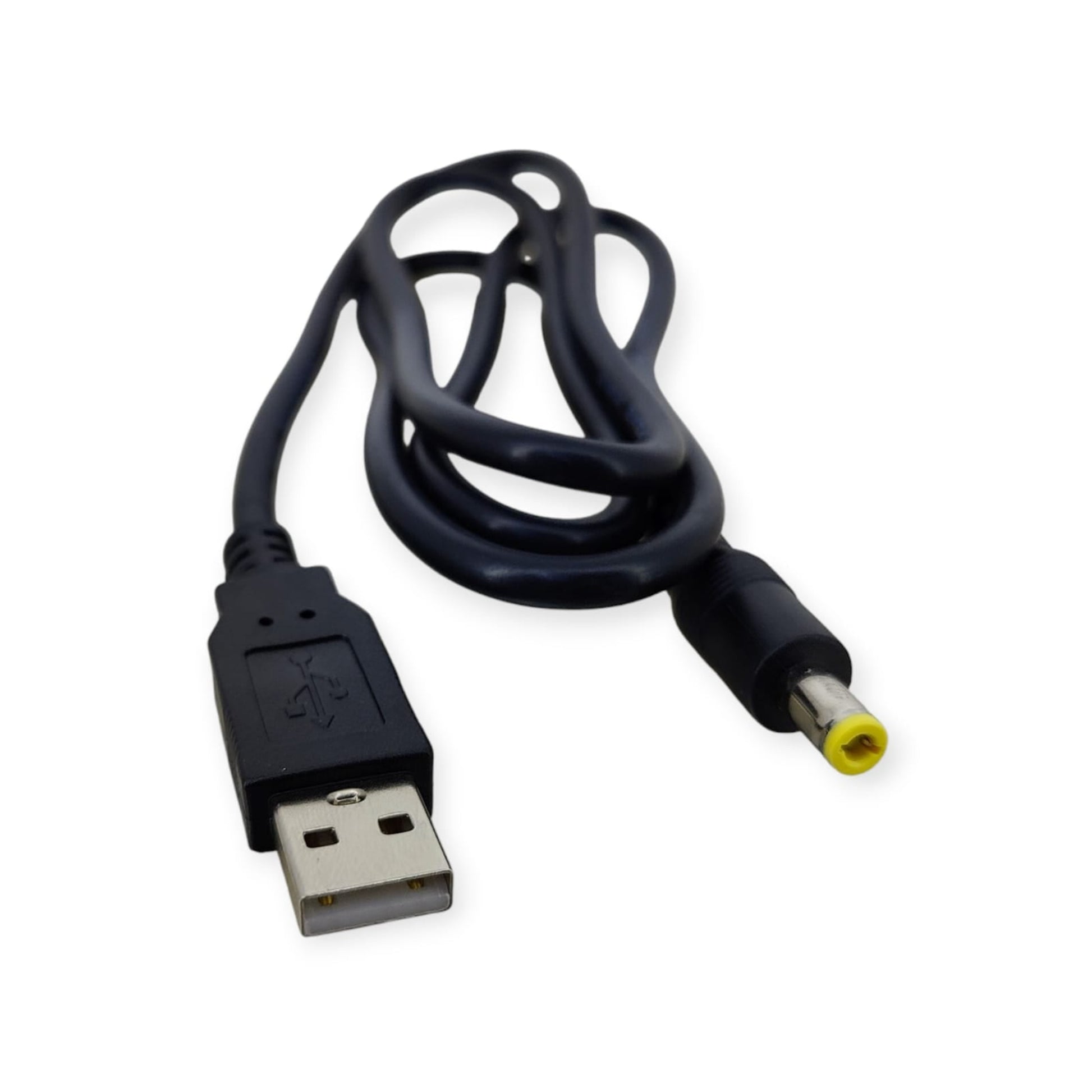 Close-up view of the USB-A and 5.5mm x 2.5mm DC connectors on an 80cm power cable.