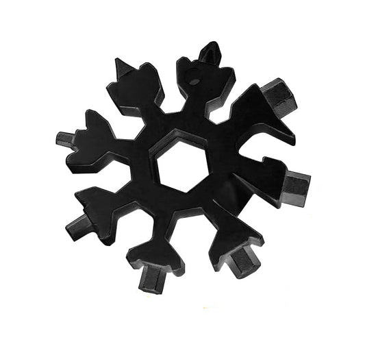 黑色 18 合 1 雪花多功能工具的獨立產品圖。 (Isolated product shot of the black 18-in-1 snowflake multi-tool.)
