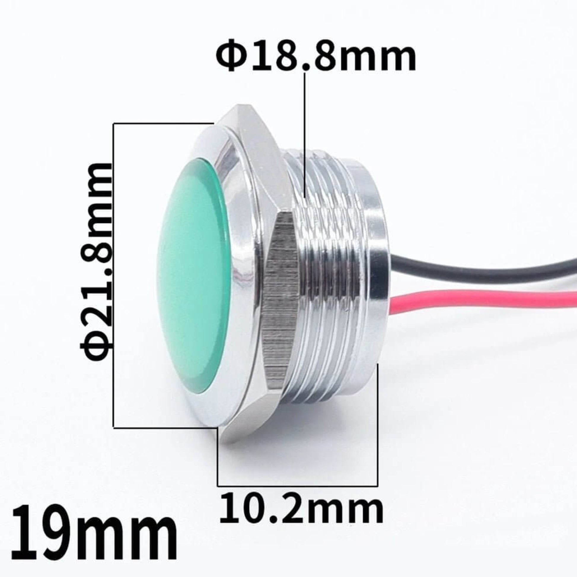 Diameter and thread specifications for 19mm 12V tri-color metal LED signal lamp.