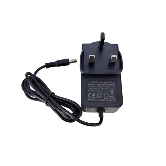 19V 1.9A AC/DC power adapter with UK plug, showing the specification label with input, output, and polarity details.
