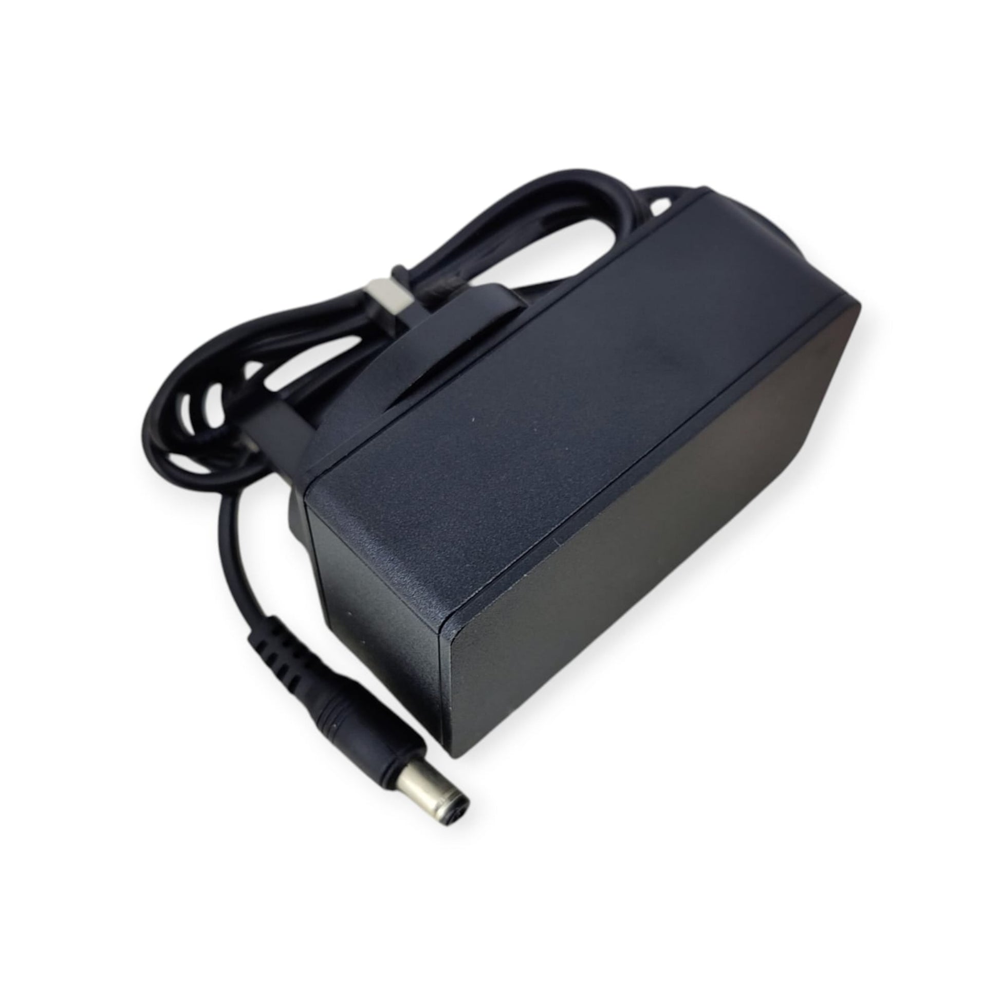 Black 19V power adapter brick with a coiled cable and a 5.5mm DC barrel jack connector.