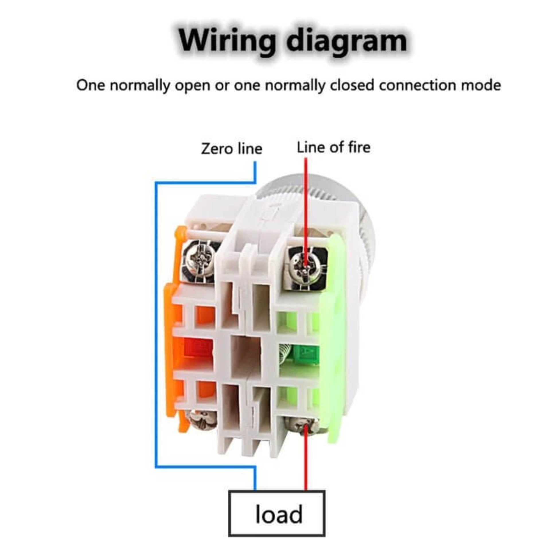 Wiring diagram for 22mm round head push button switch showing connection modes and terminal layout.