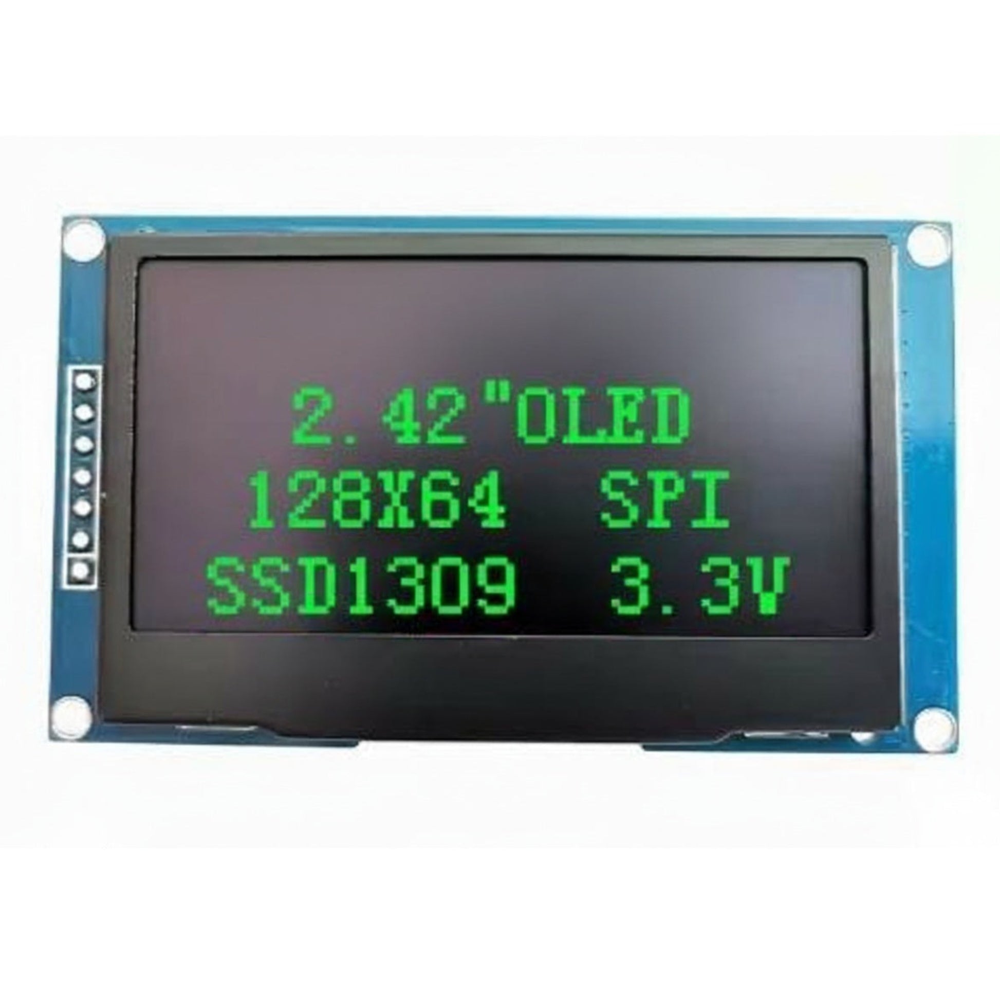 Green emitting 2.42 inch OLED display module, 3.3V operation, high-contrast screen.