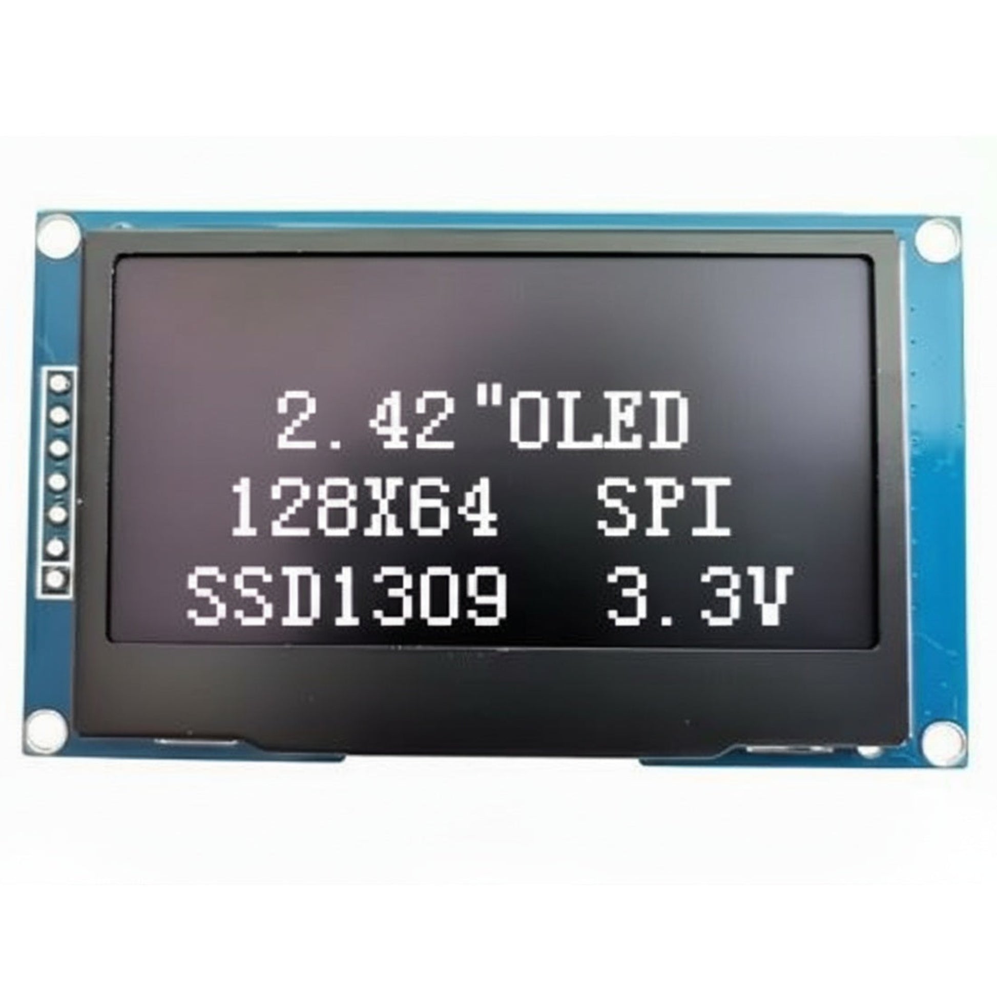 2.42 inch OLED display module showing clear white text, 128x64 resolution, powered by SSD1309 driver.