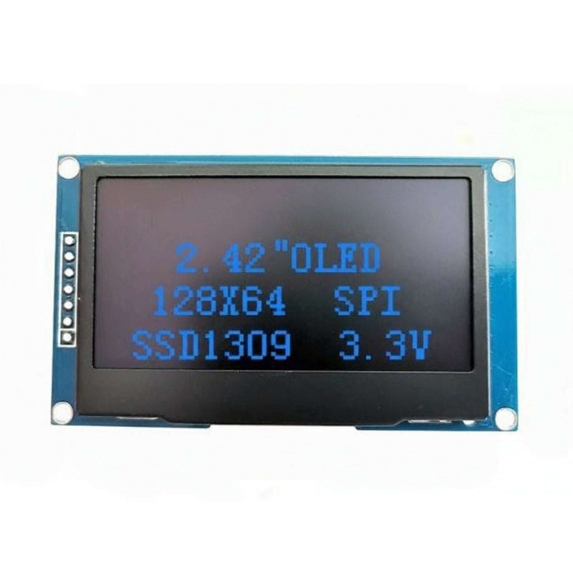 Close-up of the 2.42 inch OLED screen displaying vibrant blue text, ideal for microcontrollers.