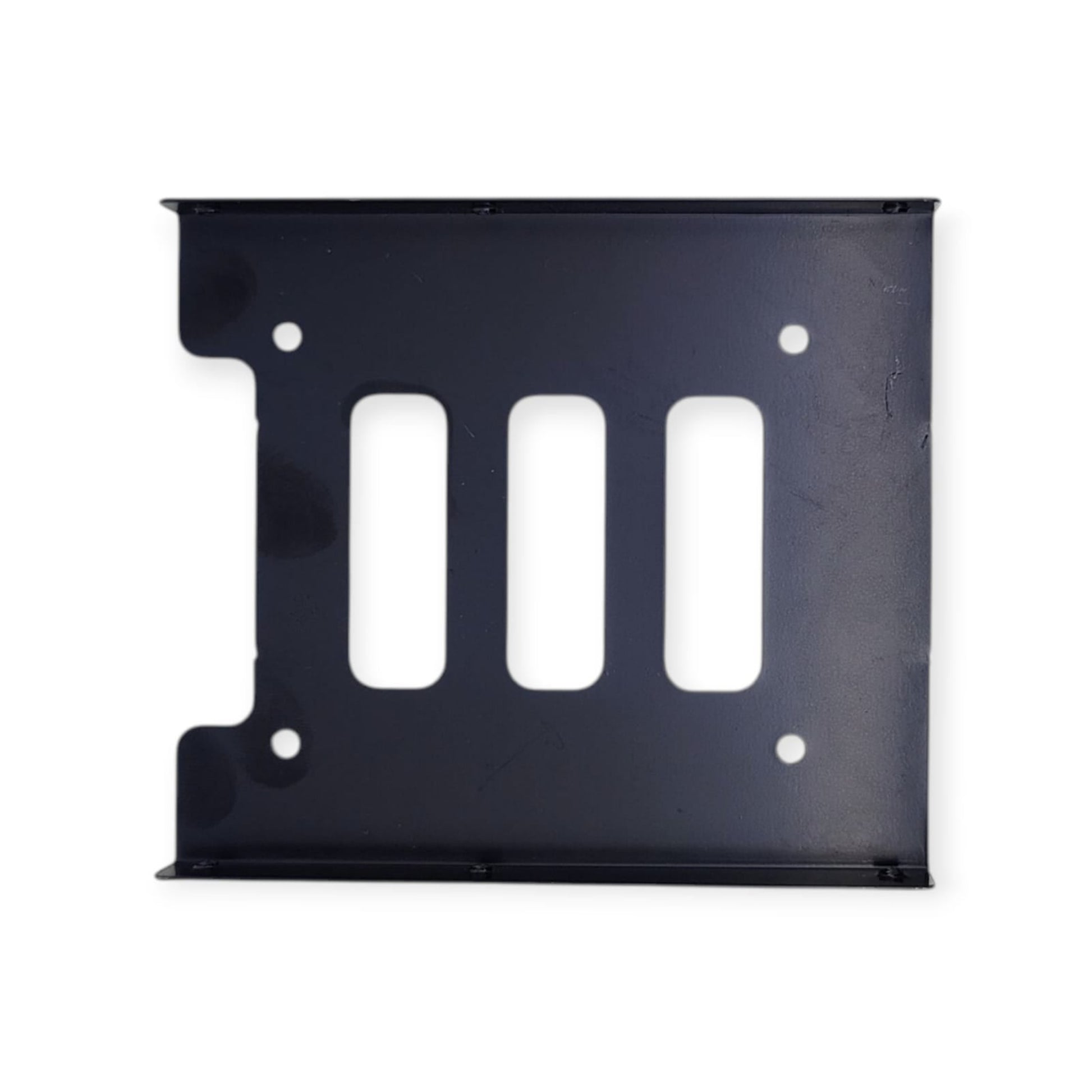 Top-down view of a black metal 2.5-inch to 3.5-inch SSD mounting bracket.
