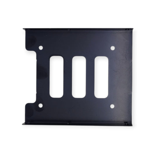 Top-down view of a black metal 2.5-inch to 3.5-inch SSD mounting bracket.