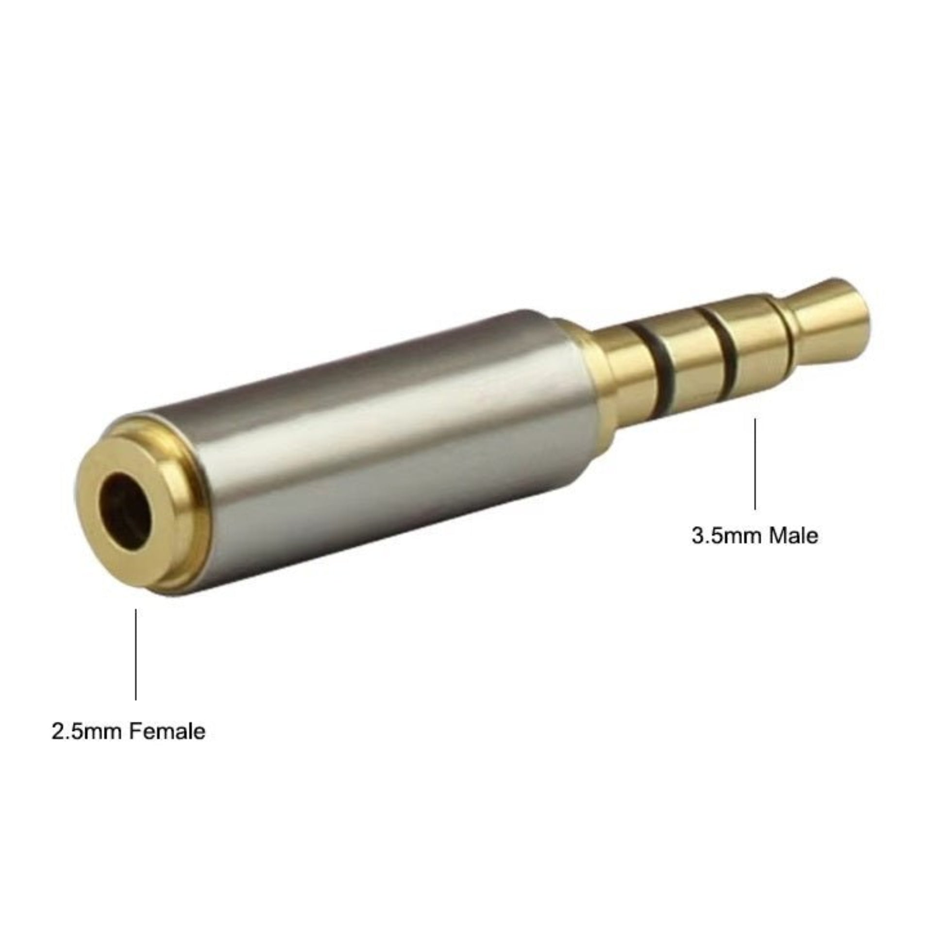 Close-up of a 2.5mm to 3.5mm audio adapter showing 2.5mm female and 3.5mm male connectors.