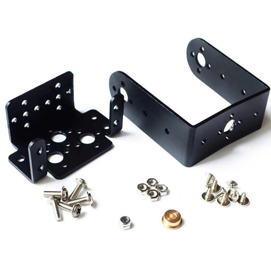 2 DOF short pan and tilt servo bracket kit in matte black aluminum.
