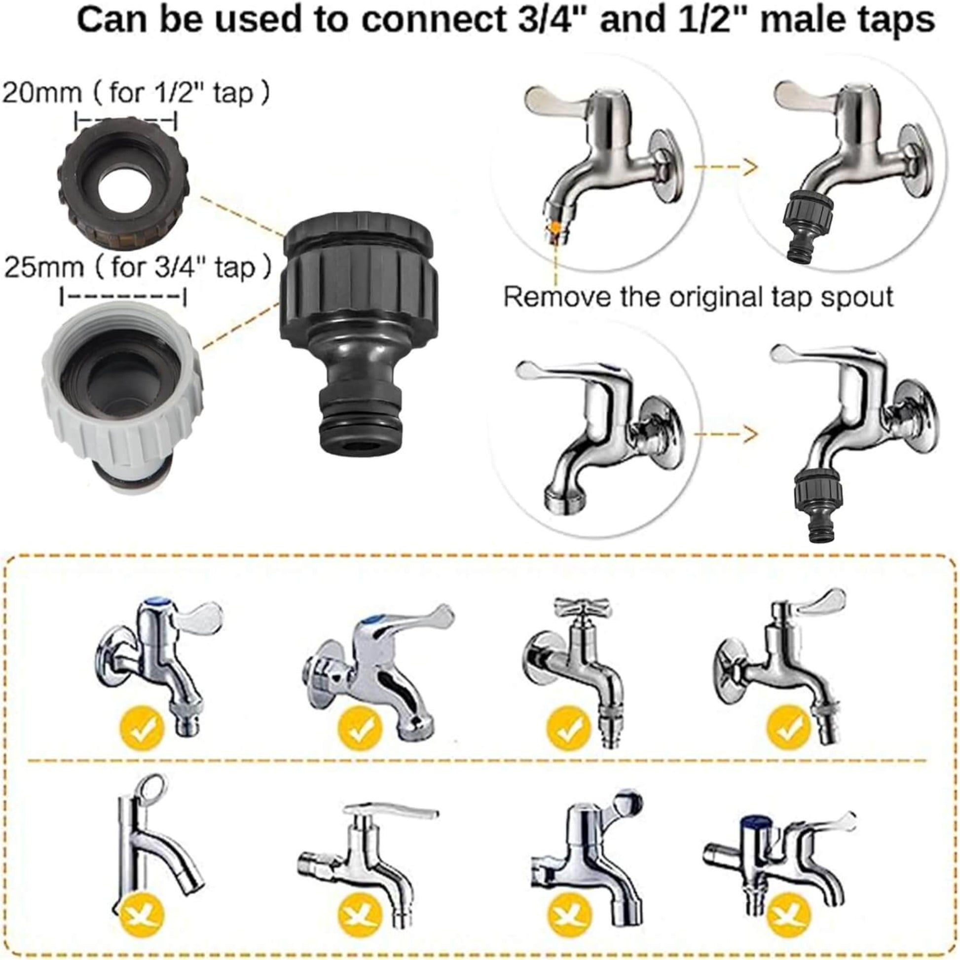 Diagram showing 3/4" and 1/2" hose tap connectors for garden use, highlighting compatibility with different tap types.