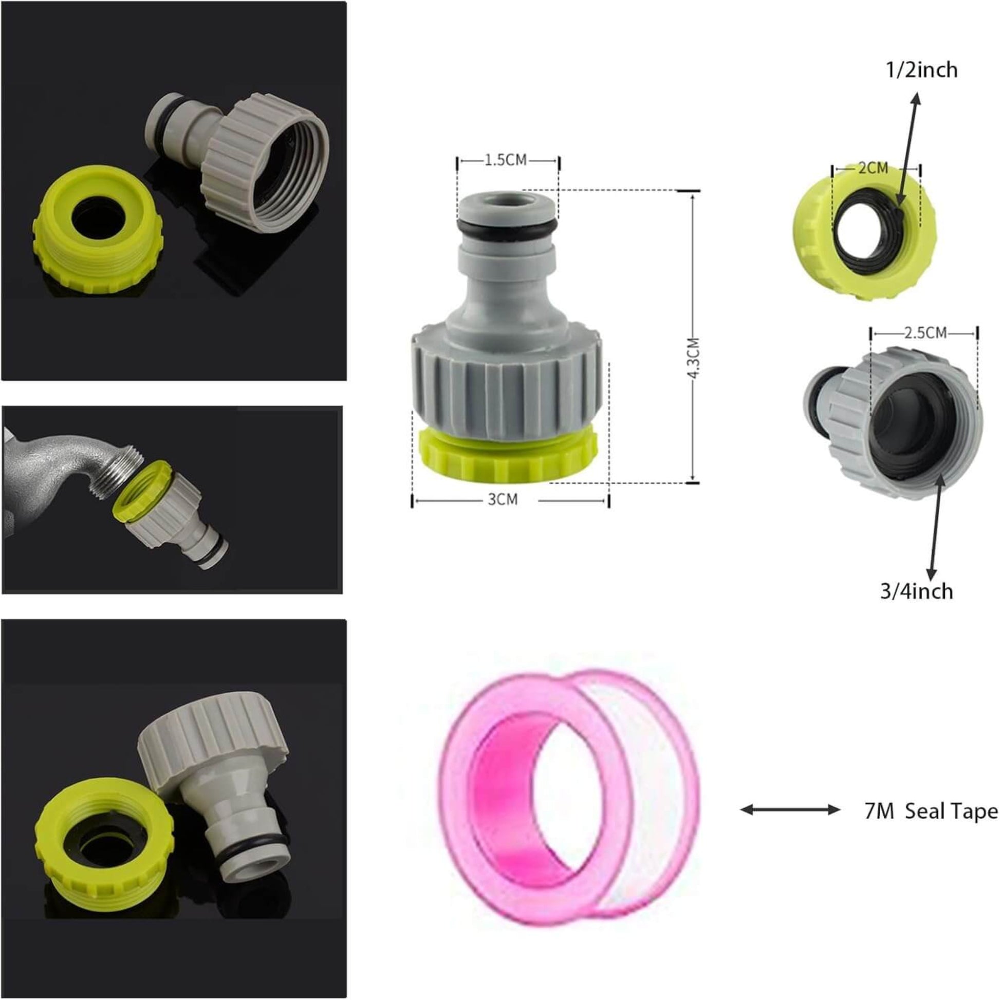 Garden Outdoor Hose Tap Connector 2-in-1 adapter for 1/2-inch and 3/4-inch faucets with seal tape.