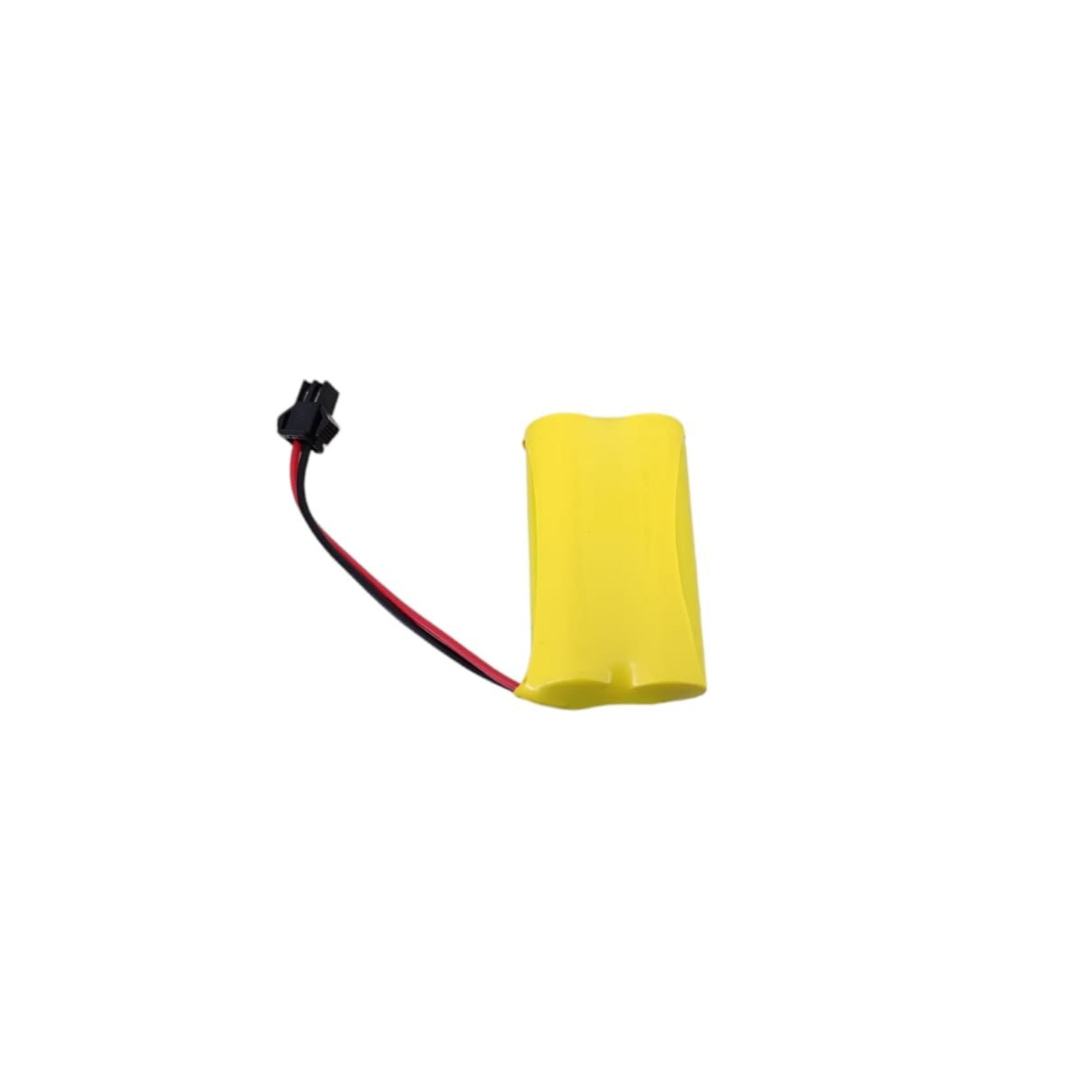2.4V 500mAh rechargeable Ni-MH battery with yellow casing and connector, compact size for versatile use.