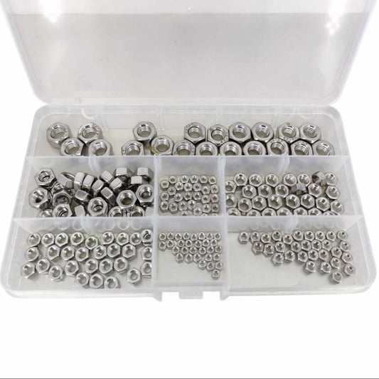200-piece 304 stainless steel hex nut assortment kit in organizer box, rust-resistant fasteners for DIY and industrial use.