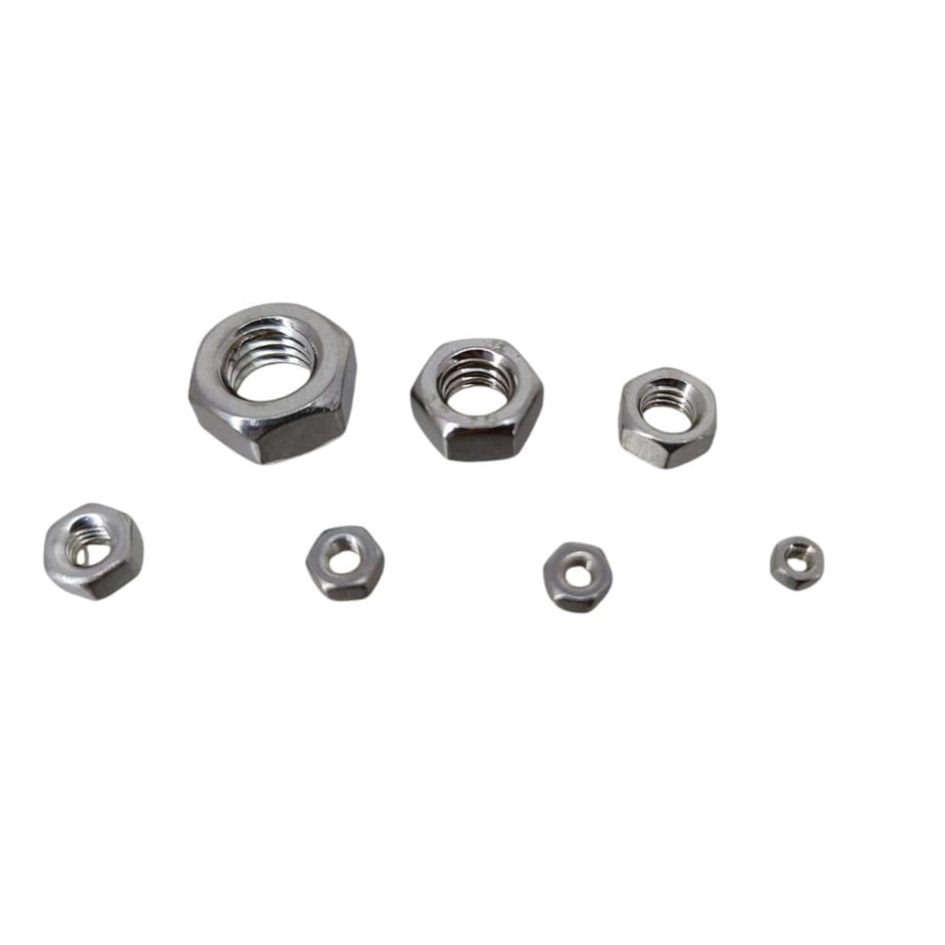 Assorted 304 stainless steel hexagon nuts in various sizes for durable fastening and corrosion resistance.