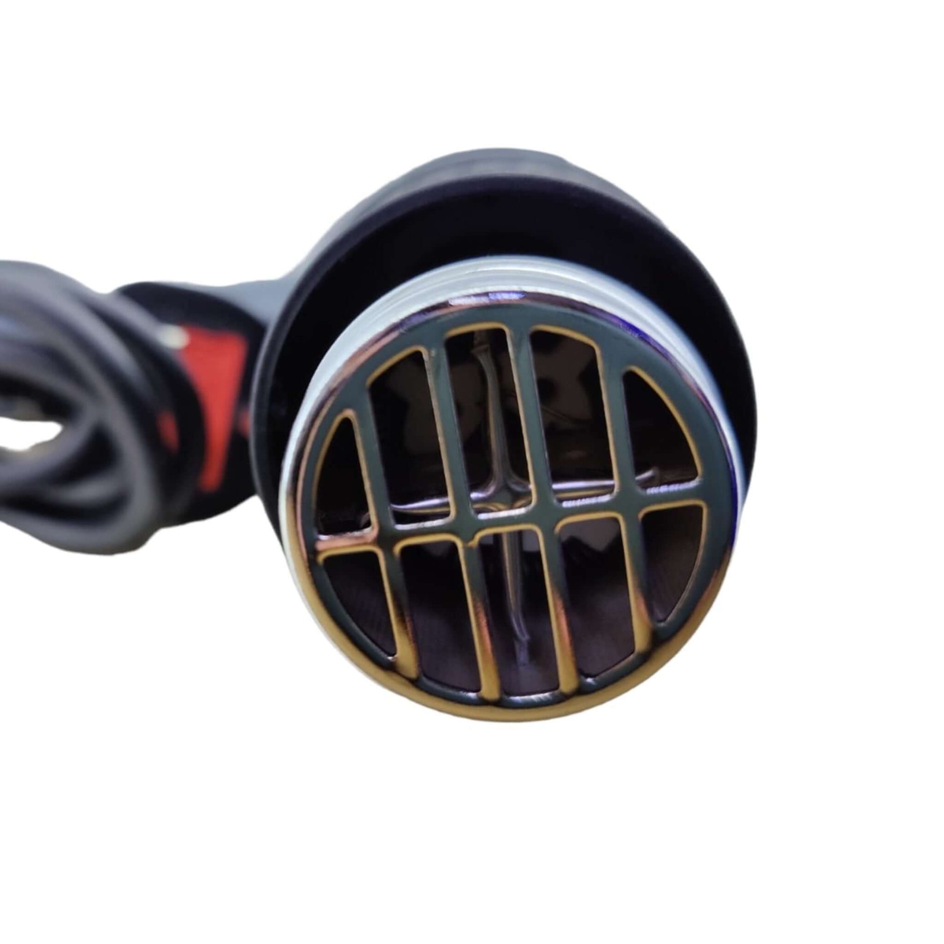 Close-up of the nozzle of a 2000W Dual Temperature Heat Gun, showing heating grille and power cord.