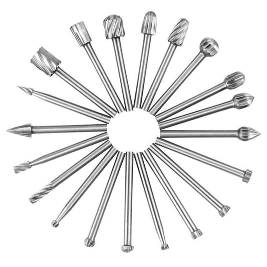 A 20-piece high-speed steel rotary burr set for metal engraving, grinding, and polishing.