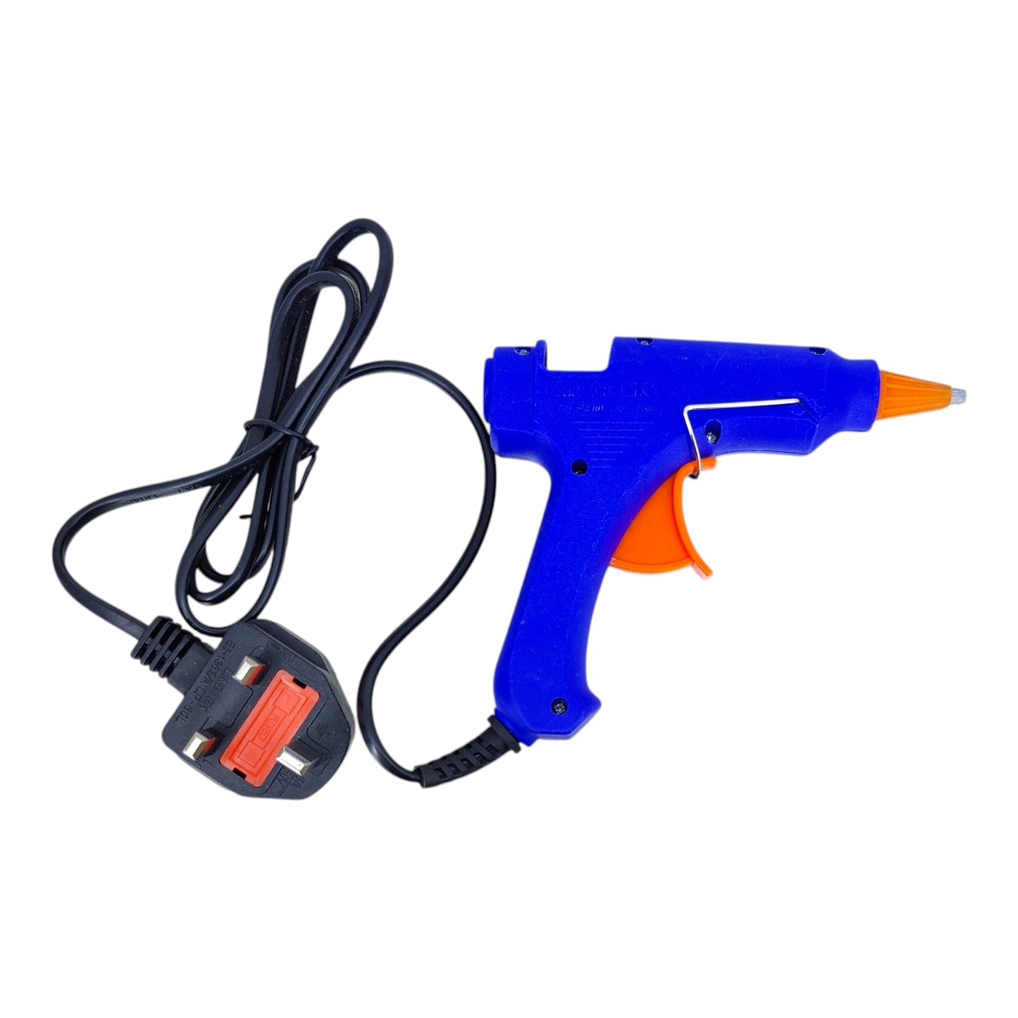 20W mini hot melt glue gun in blue with an orange trigger and fused UK 3-pin plug.