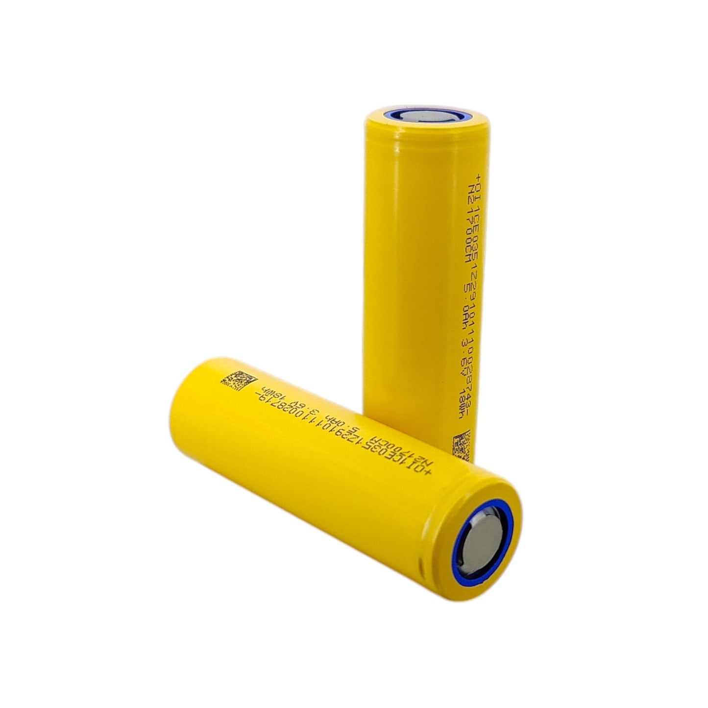 Two 21700 5000mAh 3.7V rechargeable batteries lying flat.