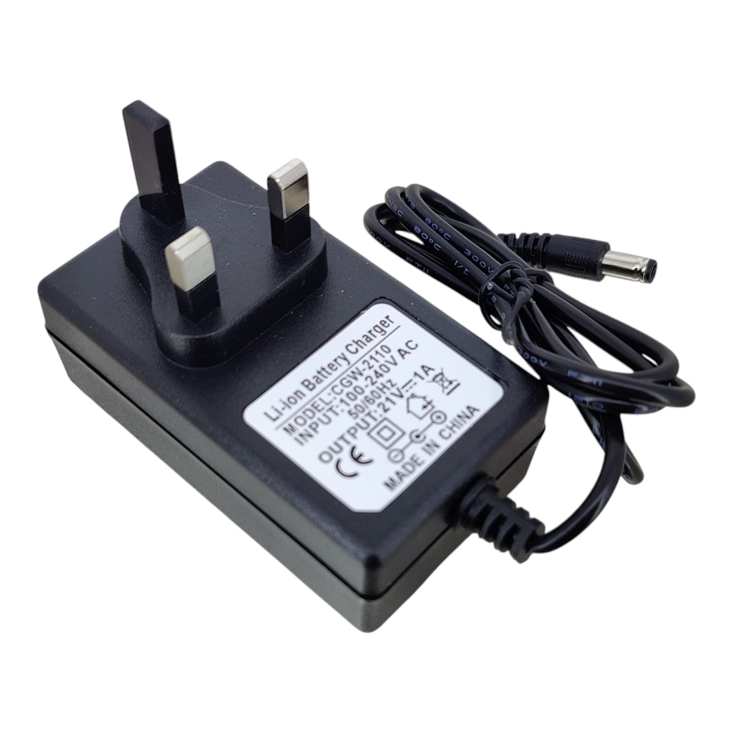 Specification label on the 21V 1A power adapter showing model CGW-2110.