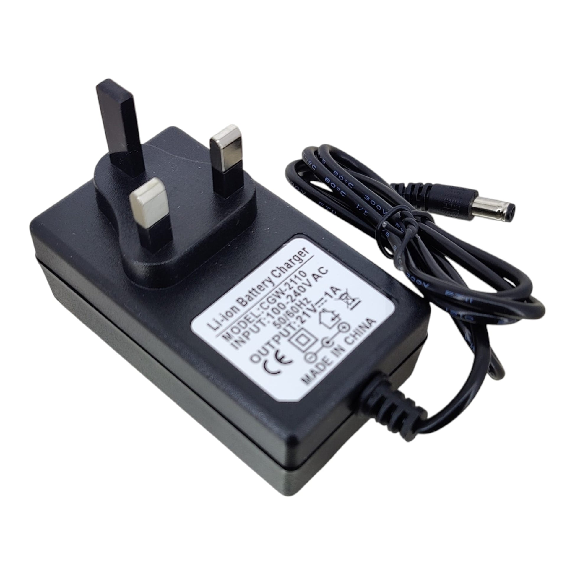 Specification label on the 21V 1A power adapter showing model CGW-2110.