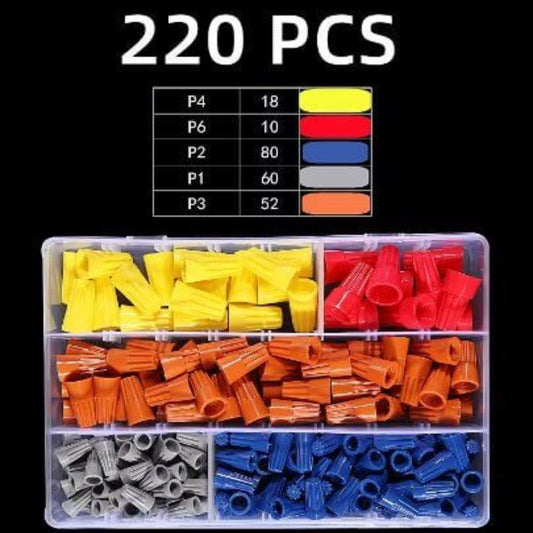 220-piece assorted quick connector spring cap kit with P1, P2, P3, P4, P6 screw terminal caps.