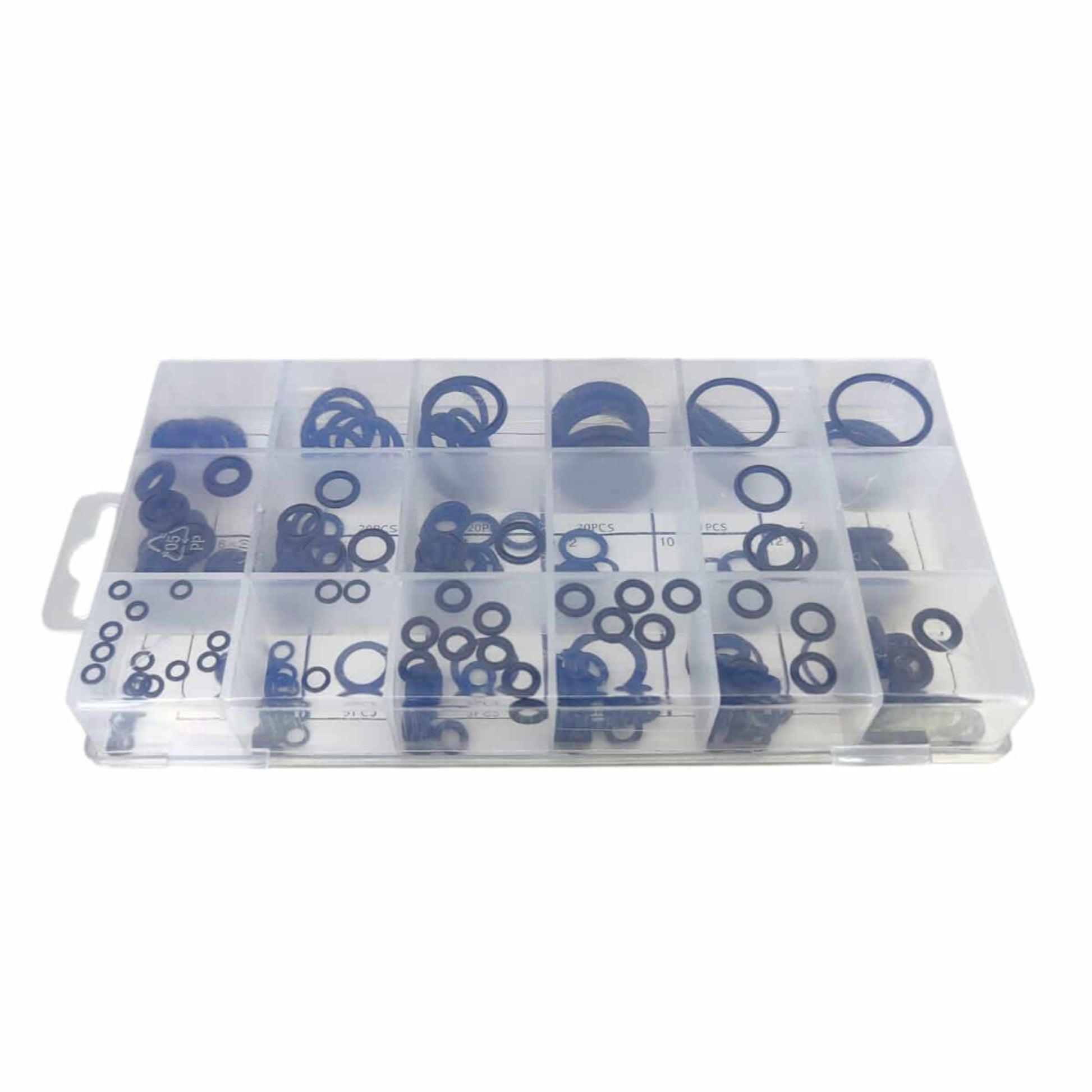 225-piece black Nitrile O-Ring set in clear storage box for plumbing, air, and gas applications.