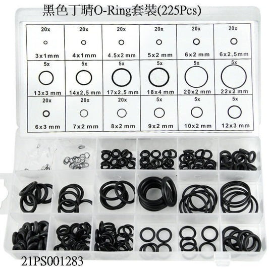 225PCS black nitrile O-Ring set in a clear storage case for plumbing and gas sealing applications.