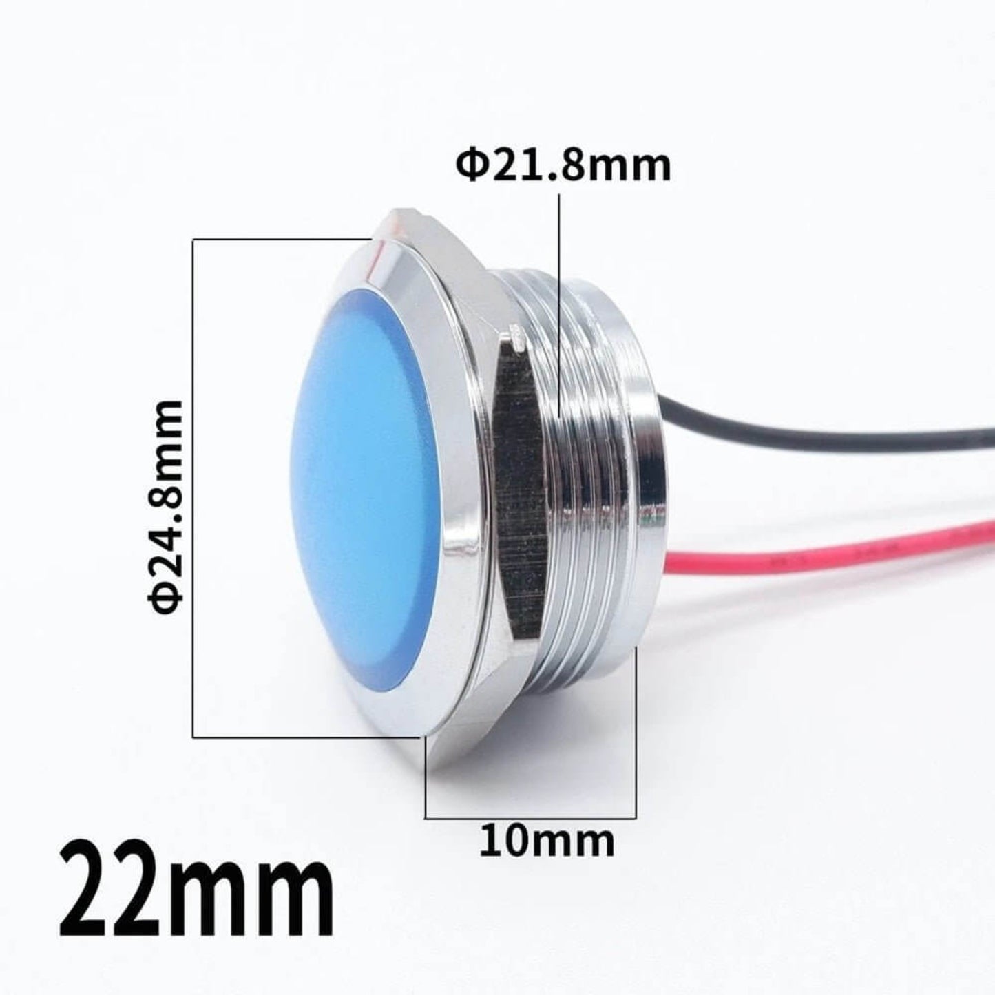 Detailed mounting dimensions and head diameter for 22mm 12V LED metal indicator light.