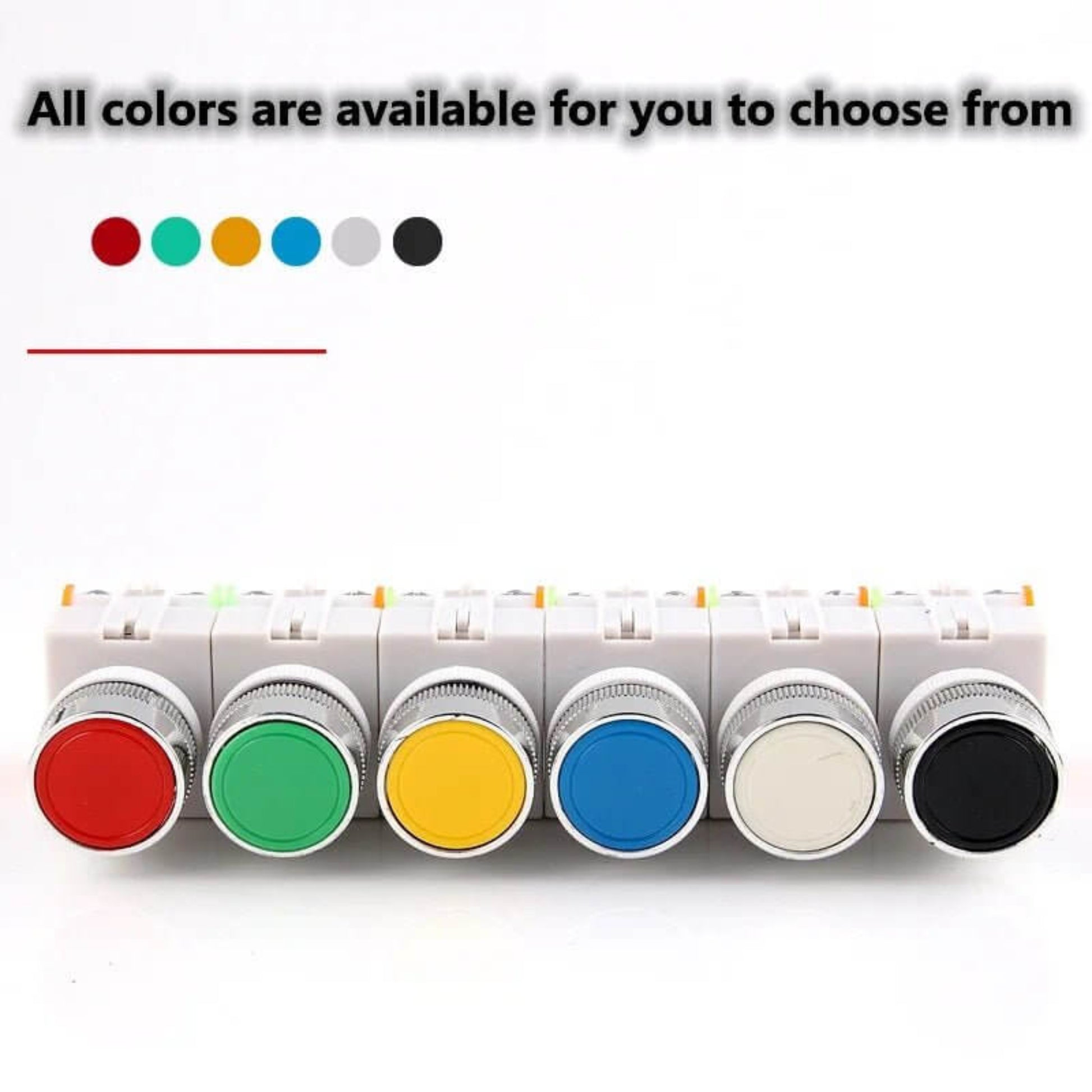 Colorful selection of 22mm round head self-lock push button switches in red, green, yellow, blue, black, and gray.